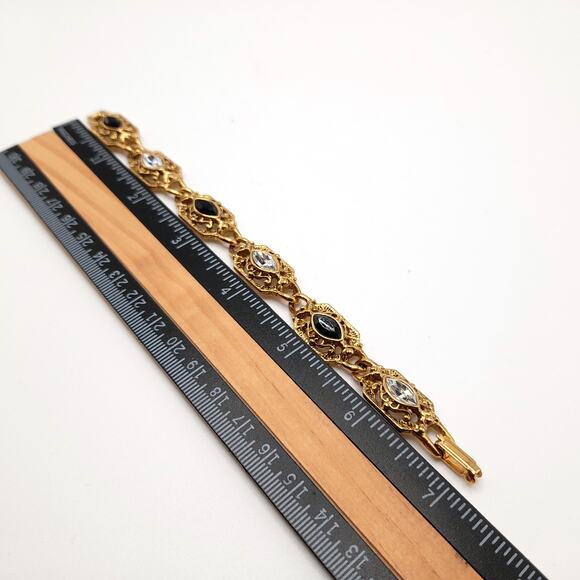 Black Clear Crystal Bracelet, Gold Tone, 1928 Style, 7 1/8 In - Picture 8 of 10